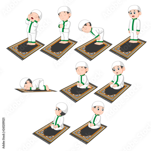 A group of procedures of praying doing by the cute boy