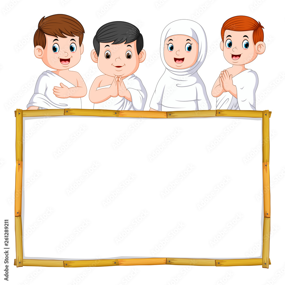 the four children are using the white cloth above the wooden banner