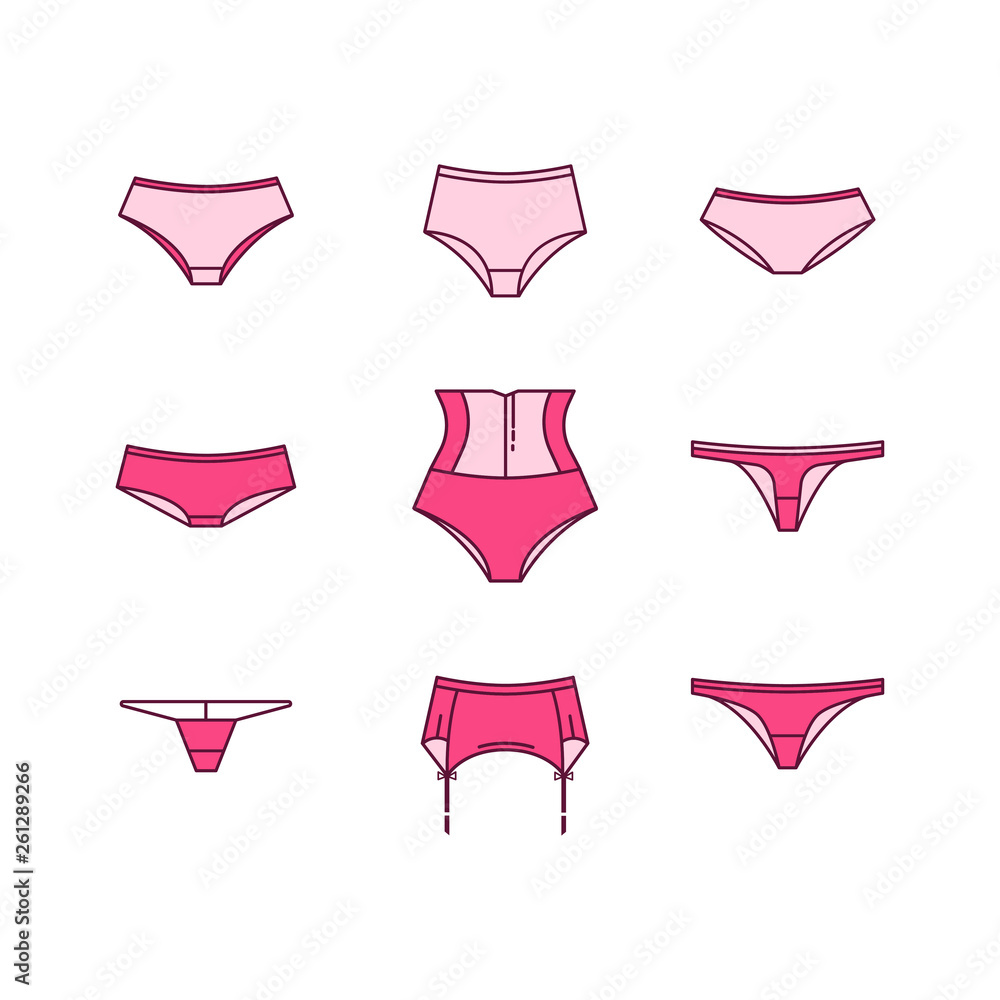 Female underwear vector set. Lingerie set. The types of pants. 9 different  types of underpants Stock Vector