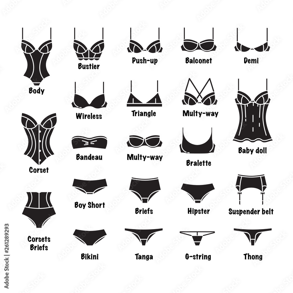 Vetor do Stock: Female underwear big vector set. Different types of  underwear. Black and white collection with captions
