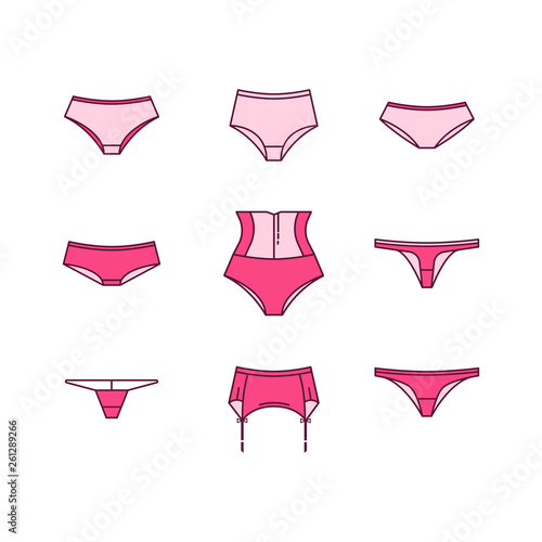 Female underwear vector set. Lingerie set. The types of pants. 9 different types of underpants