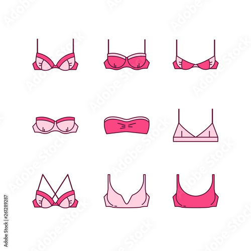 Female underwear vector set. Lingerie set. 9 different types of bra