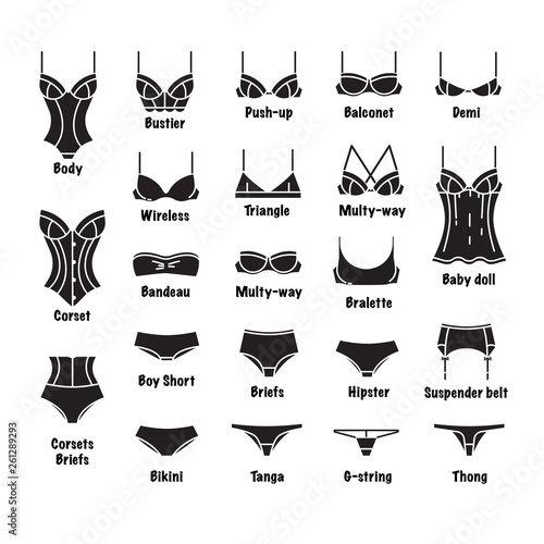 Female underwear big vector set. Different types of underwear. Black and white collection with captions
