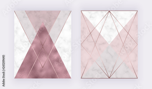 Marble geometric design with pink and grey triangular, rose gold foil texture, polygonal lines. Modern background for wedding invitation, banner, card, flyer, poster, save the date