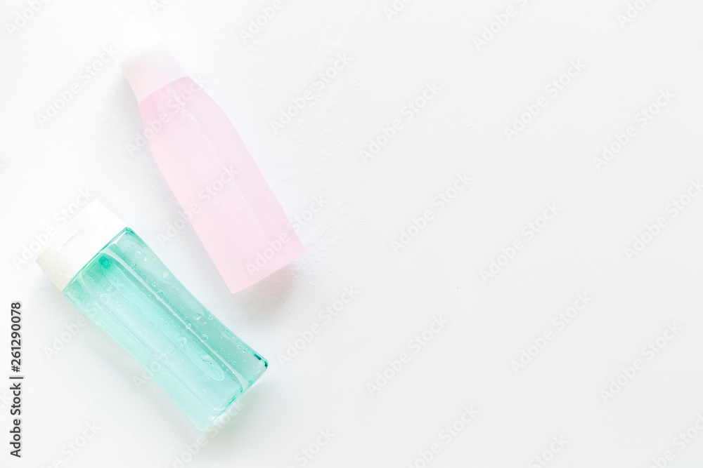 skin care cosmetics with facial tonic, mycelial water on white background top view mockup skin care cosmetics with facial tonic, mycelial water on white background top view mockup