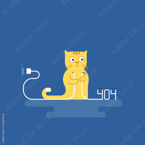 The cat tore the wire. 404 error. Vector illustration of cartoon character. Modern flat style.