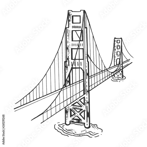 Golden Gate Bridge sketch engraving vector illustration. Scratch board style imitation. Black and white hand drawn image.