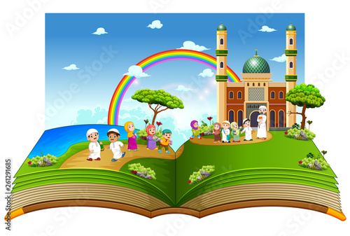 the beautiful story book with the children playing near the mosque on it