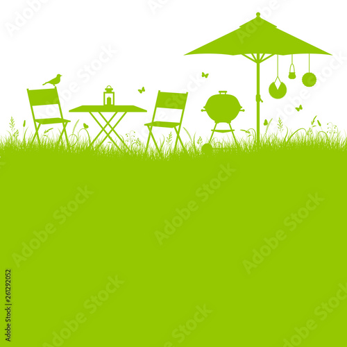 Gartenumriss Grill, Möbel & Sonnenschirm Grün