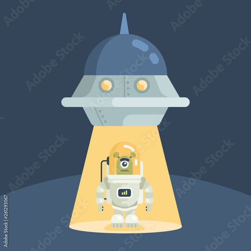 Disembarkation from a spaceship. Flying saucer and alien. he alien in a spacesuit. Vector illustration.