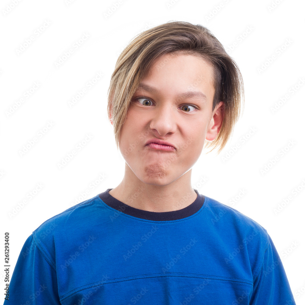 teenager making faces on white background close-up teenager making faces on white background close-up