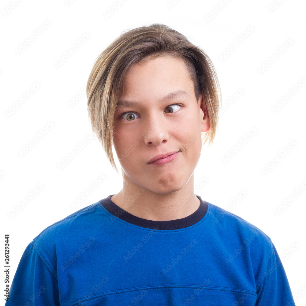 teenager making faces on white background close-up teenager making faces on white background close-up