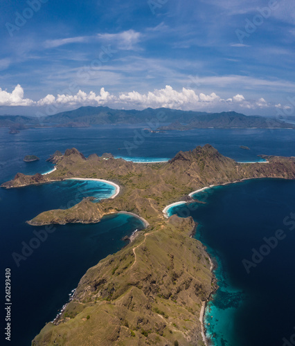 Isolated island from the air. Island in the middle of ocean. Landscape view from the top of Padar island in Komodo islands, Flores, Indonesia. 