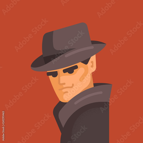 The suspicious man in hat. Mafia concept. He looks under his brows. 