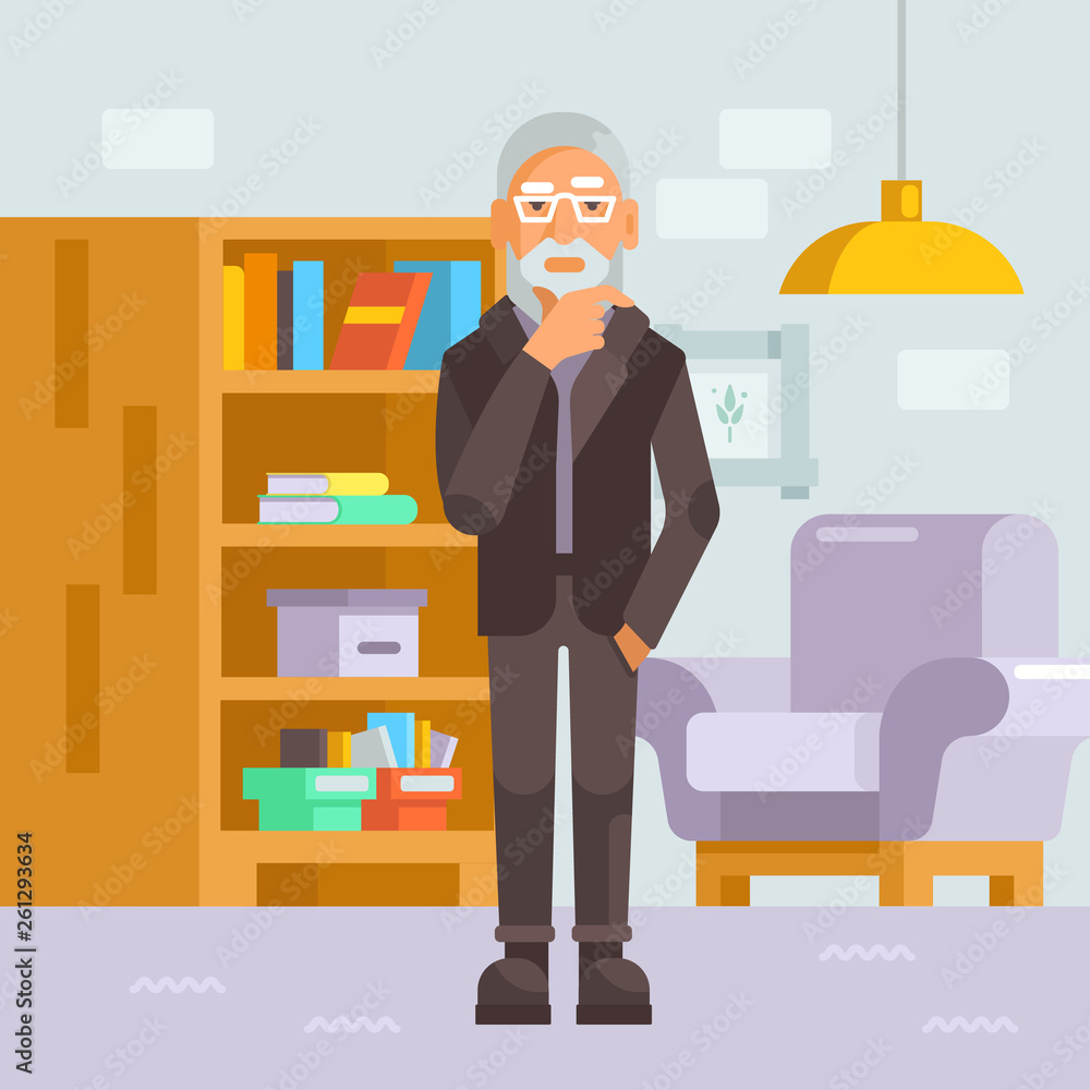 Psychologist stands in his office and holds his chin with his hand. He is thoughtful. He is dressed in a black suit. Old man with gray beard. Psychologist stands in his office and holds his chin with his hand. He is thoughtful. He is dressed in a black suit. Old man with gray beard.