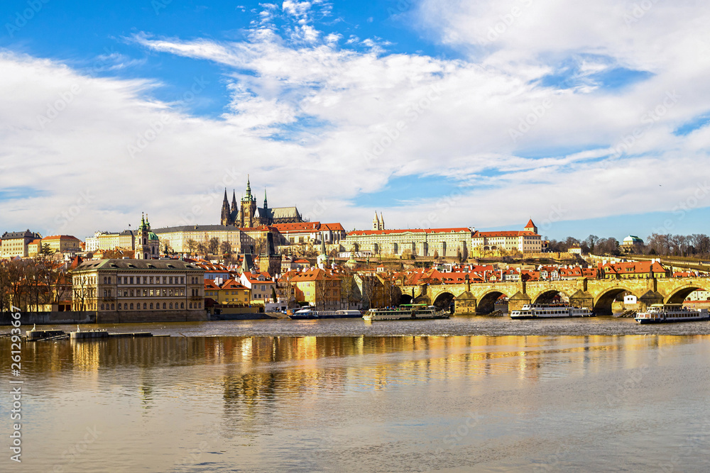 Naklejka premium Prague Castle sights of the old city of Karlov Bridge across the Vltava river famous government palace. Czech Republic Prague March 2017