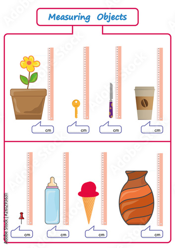 Measuring Length of the Objects with Ruler, worksheet for children, practice sheets, mathematics activities