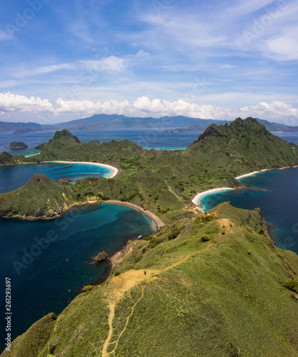 Isolated island from the air. Island in the middle of ocean. Landscape view from the top of Padar island in Komodo islands, Flores, Indonesia.
