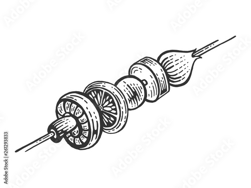 Grilled vegetables sketch engraving vector illustration. Scratch board style imitation. Black and white hand drawn image.