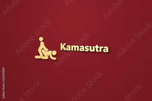 3D illustration of Kamasutra, yellow color and yellow text with red background. photo