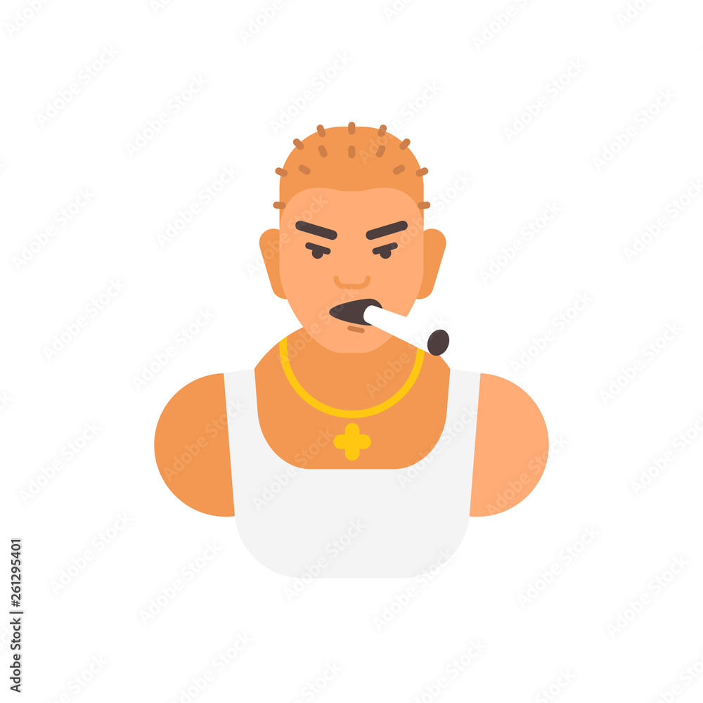 Vector illustration of brutal man icon. He smokes a cigar. He is a gangster. Isolated image of male bust.