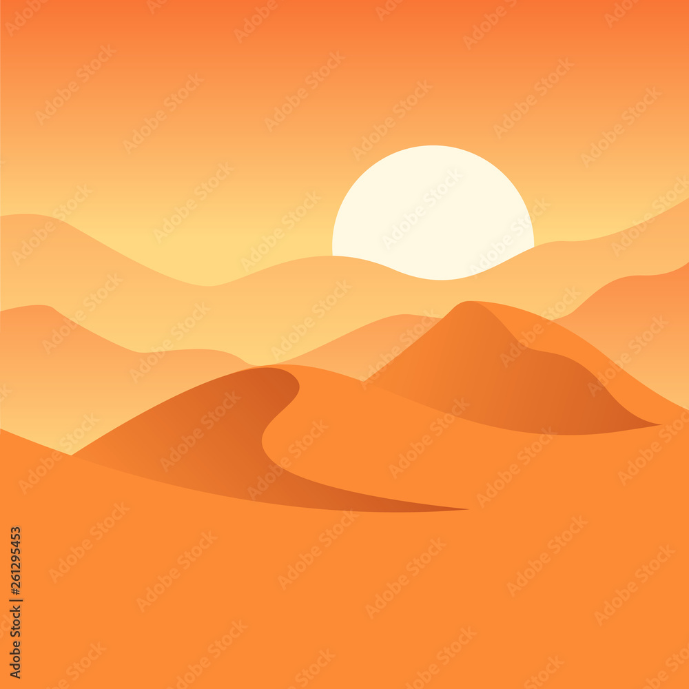 Vector illustration of desert. Dunes, sand and sunset. Orange composition. Wilderness image. 