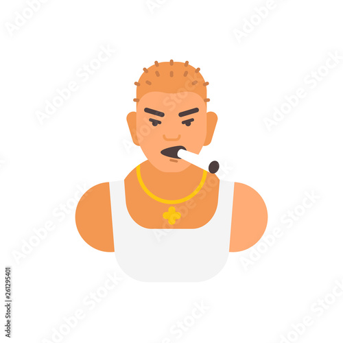 Vector illustration of brutal man icon. He smokes a cigar. He is a gangster. Isolated image of male bust.