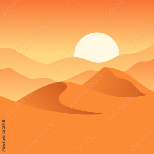 Vector illustration of desert. Dunes  sand and sunset. Orange composition. Wilderness image. 