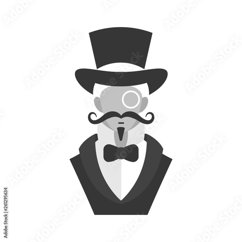 Vector illustration of retro gentleman icon. Man with a mustache and a beard. He is dressed in a bow tie and cylinder hat.  Isolated image of male bust.
