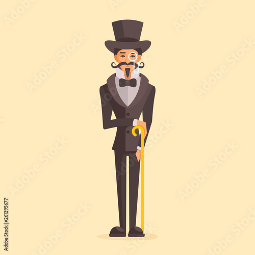 Vector illustration of retro gentleman. Man with a mustache and a beard. He is dressed in a frock coat, a bow tie and cylinder hat. He holds a cane in his hand
