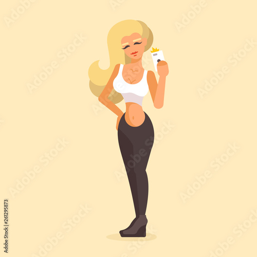 Vector illustration of blonde girl. Full-length person image. The woman makes selfie.  She stands and her hand on her waist. Her eyes are closed.