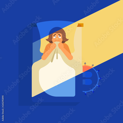 Concept of nightly fear. The man is lying on the bed in the dark. He pressed the blanket to himself. Vector illustration. 
