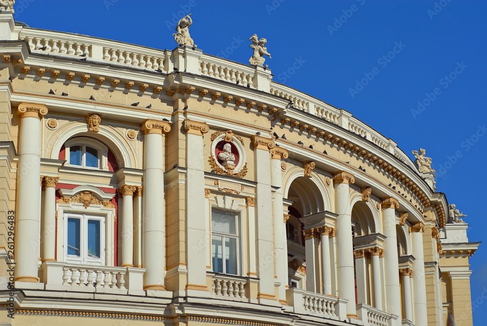 National and Academic Opera and Ballet Theater. Odessa, Ukraine. Europe. Element of architecture. Building on the blue sky background.