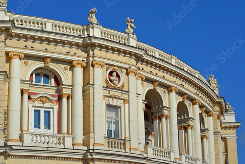 National and Academic Opera and Ballet Theater. Odessa, Ukraine. Europe. Element of architecture. Building on the blue sky background. © Ivan