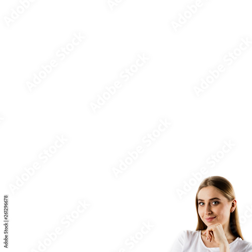 Young woman in white isolated on white background.