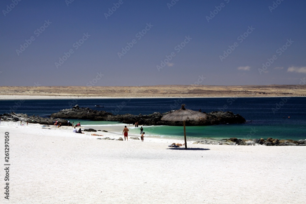 BAHIA INGLESA, CHILE - DECEMBER 26. 2011: White sand beach (Playa blanca) at pacific coast of Atacama desert