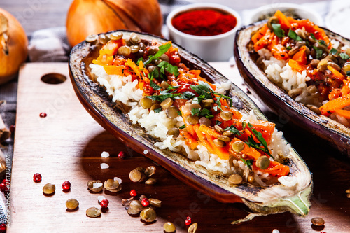 Stuffed aubergine with rice and vegetables