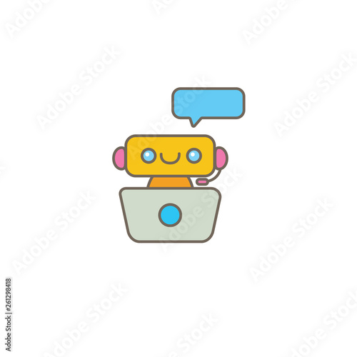 cute chatbot character or intelligent assistant with speech bubble isolated on white background. Vector Funny robot assistant, chatter bot, helper chatbot logo or label