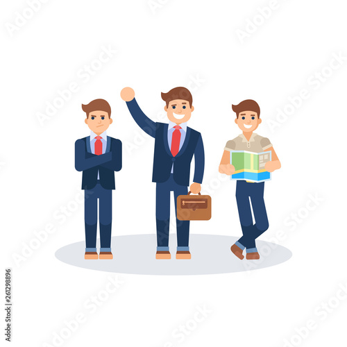 Isolated vector illustration of the men on the white background. Businessman with a bag waving his hand. The guy with the map. Dissatisfied man crossed his arms over his chest.