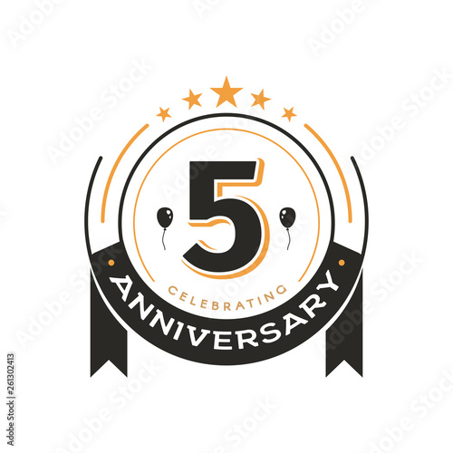 Birthday vintage logo template 5 th anniversary circle retro isolated vector emblem. Five years old badge on white background