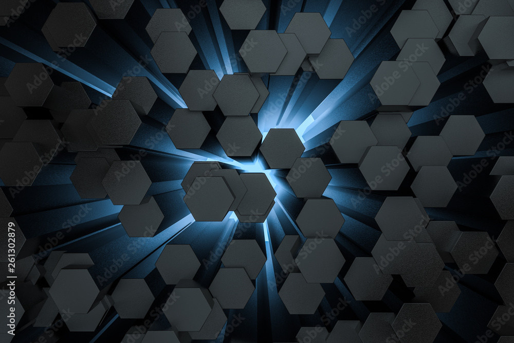Obraz premium 3d rendering, dark hexagonal background, sci-fi background