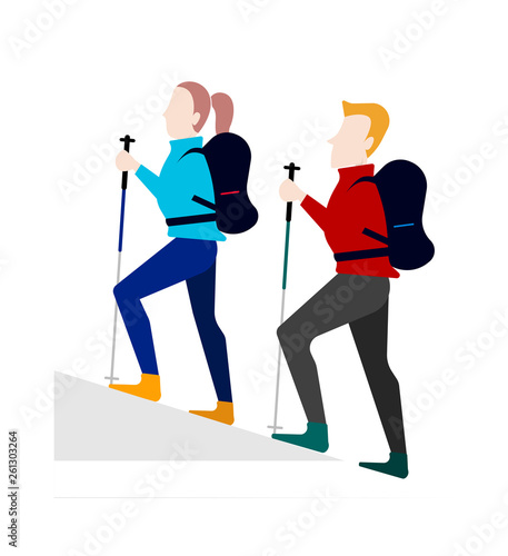 Isolated couple doing trekking on an up hill. Flat style vector illustration. Sports, man and woman walking.