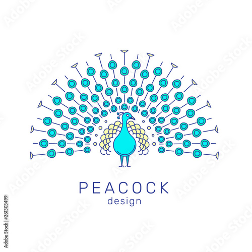 Outline peacock emblem in modern line art style. Vector illustration of bird. Peacock with a huge tail, front view. Colorful logo