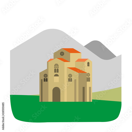 Monument asturian romanic church, Spain. Prerrománico asturiano, Asturias, España. Old architecture. Flat style vector illustration.