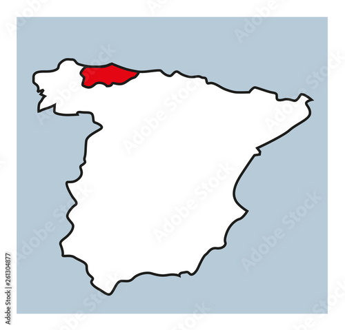 Hand drawn map of Asturias province in Spain. The region is coloured in red.