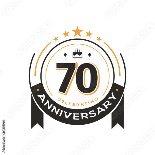 70 th Birthday vintage logo template anniversary circle retro isolated vector emblem. Seventy years old badge on white background