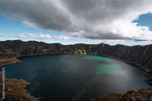 Quilotoa Ecuador lagoon in volcano with turquoise water. Visit beautiful places in the world and enjoy traveling to unique sights.