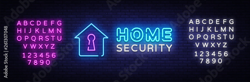 Home Security neon sign vector design template. Smart Home Security neon logo, light banner design element colorful modern design trend, night bright advertising. Vector. Editing text neon sign