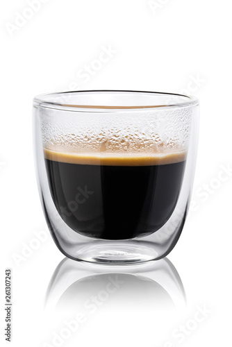 Hot coffee in a glass with double walls isolated on a white background. 100 sharpness.