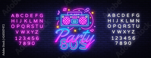 80s Party Neon Sign Vector. Back to the 80s neon design template, modern trend design, night signboard, night bright advertising, light banner, light art. Vector. Editing text neon sign